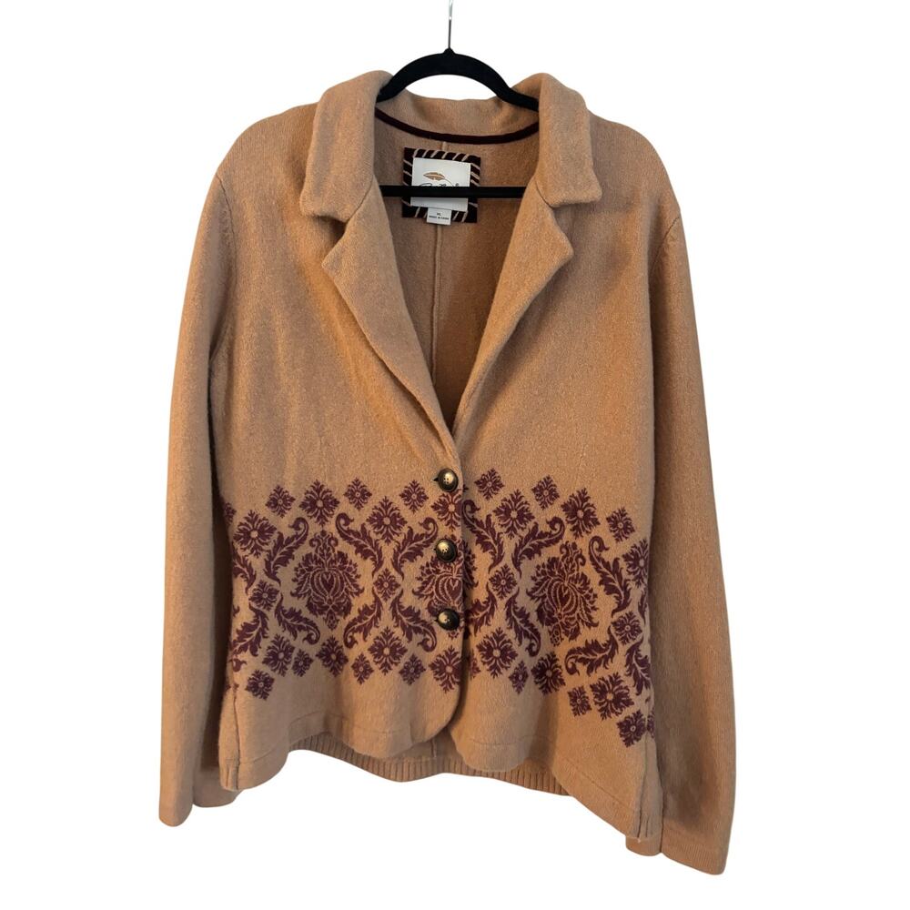 Vintage Bob Jimley Women’s 100% Wool Sweater Cardigan Button Up Tan XL Print